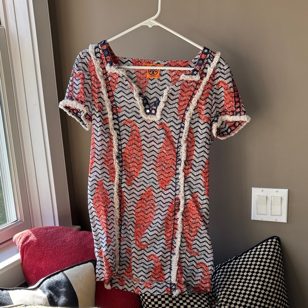Tory Burch Red and Navy Blue Zigzag Women's Blouse. Size 4